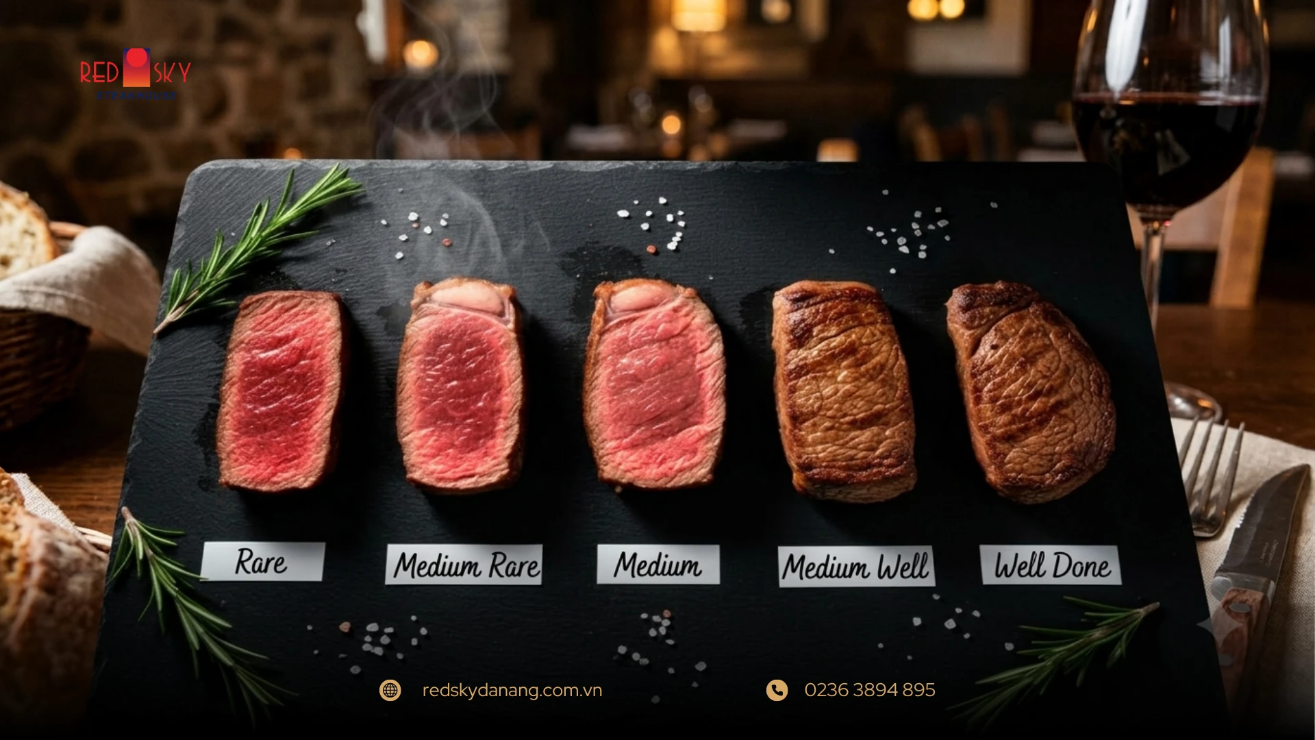 Striploin steak showing medium-rare doneness at Red Sky
